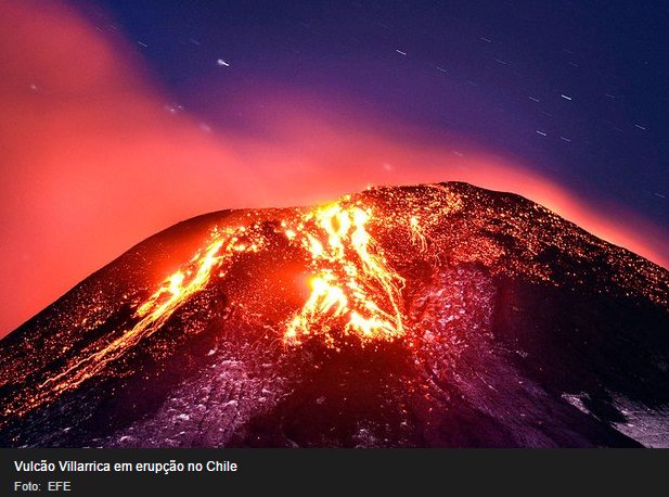 Foto do Vulcão Villarica no Chile que entrou em erupção